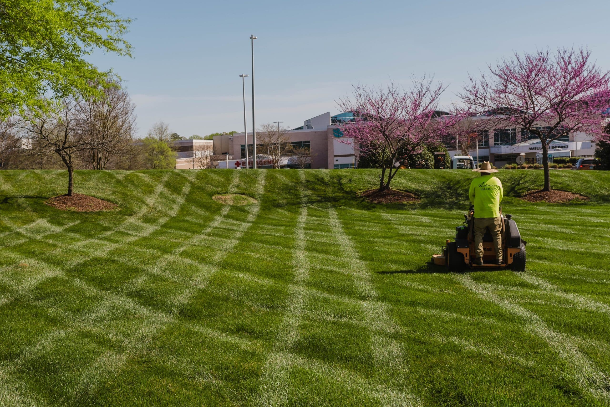 Commercial grounds mowing and turf care in progress.